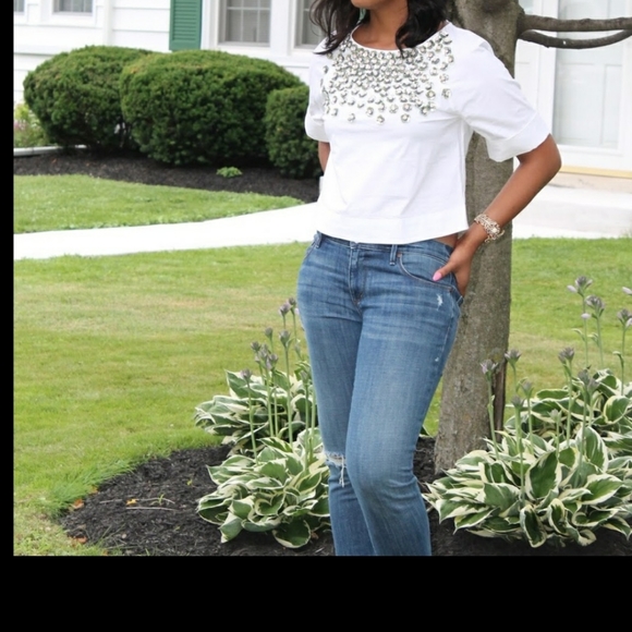 SOLD - New Anthropologie, Not So Serious, poplin beaded top, LARGE - Picture 8 of 9